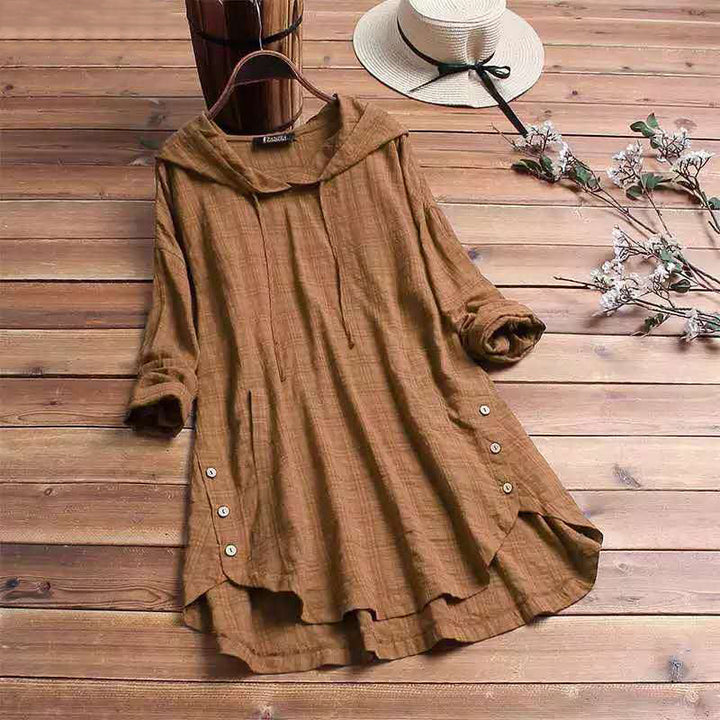 Khaki women's hooded tunic top with long sleeves and button hem details