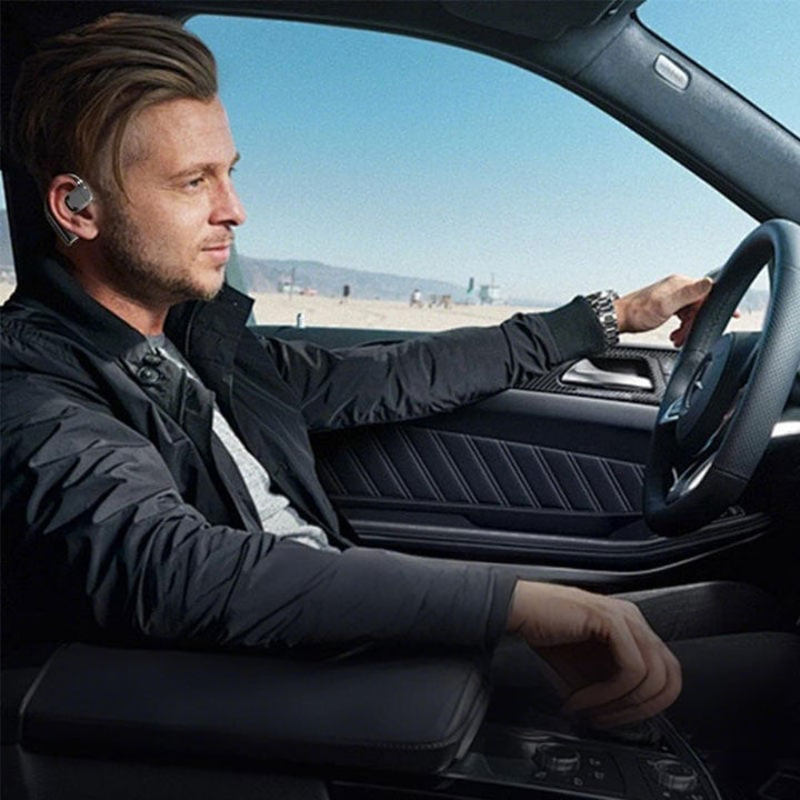 Unisex open-ear wireless business headset in classic black, side profile