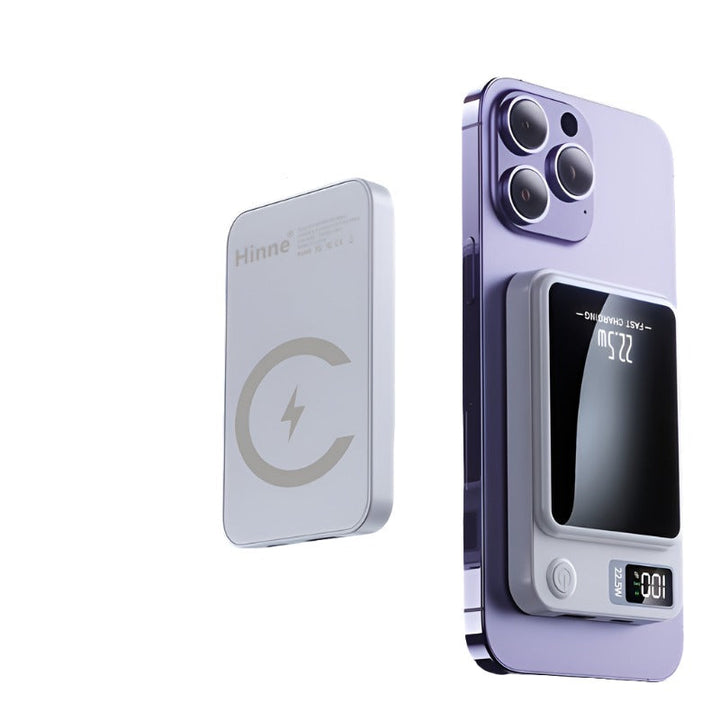 Purple magnetic power bank attached to a purple smartphone