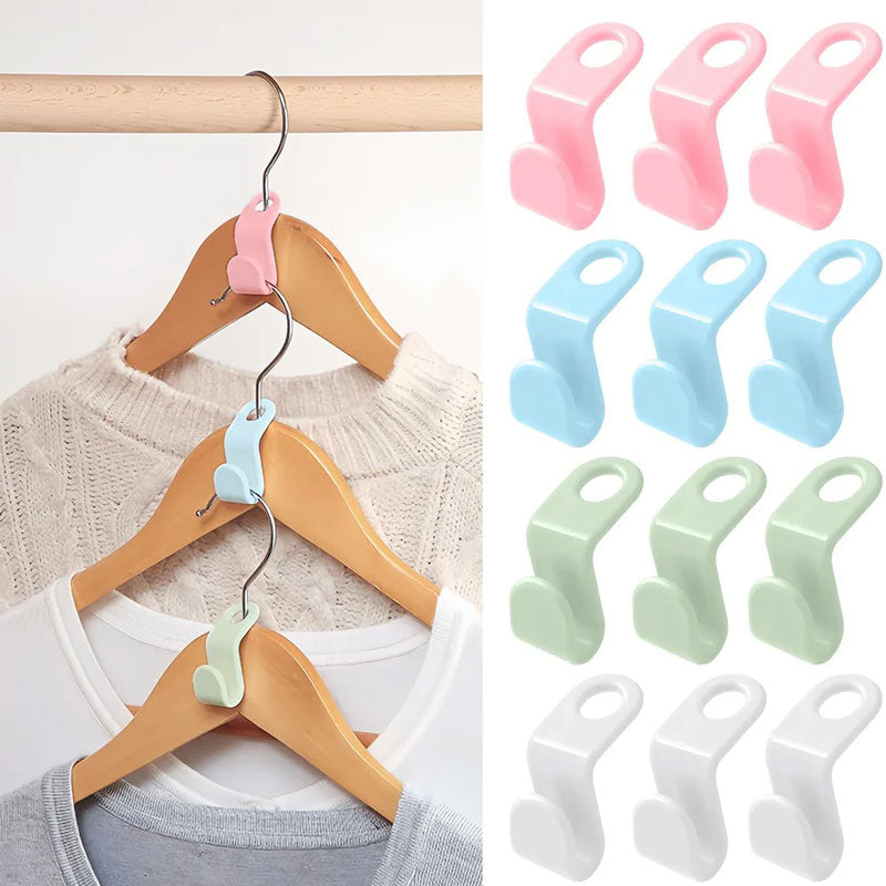 Demonstration of cascading hanger hooks doubling wardrobe hanging space