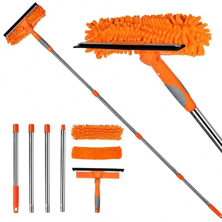 Person using telescopic squeegee to clean outdoor second story glass