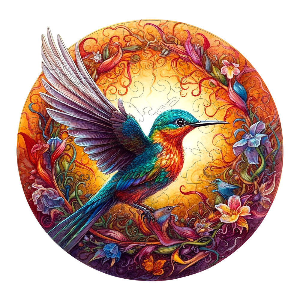 Fully assembled round wooden hummingbird puzzle with vibrant floral artwork