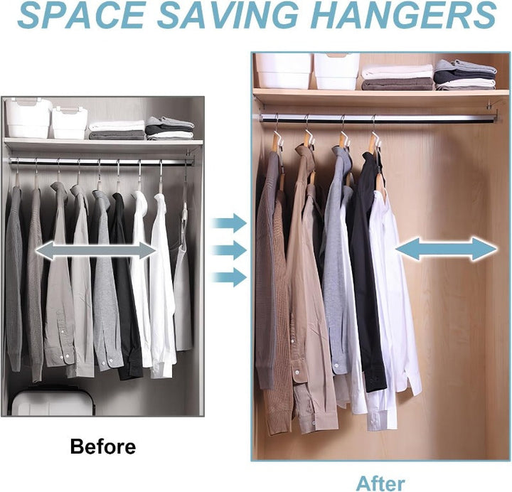 Closet organizer hooks holding multiple clothes hangers to maximize wardrobe capacity
