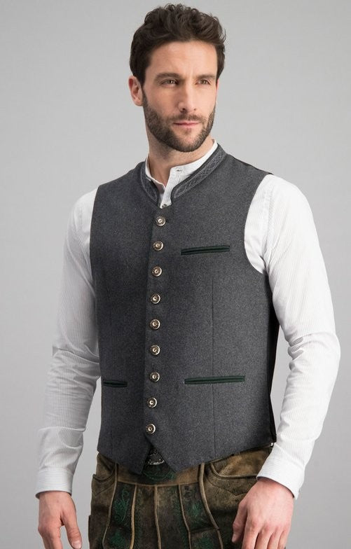 Man wearing a classic grey men's waistcoat with decorative buttons