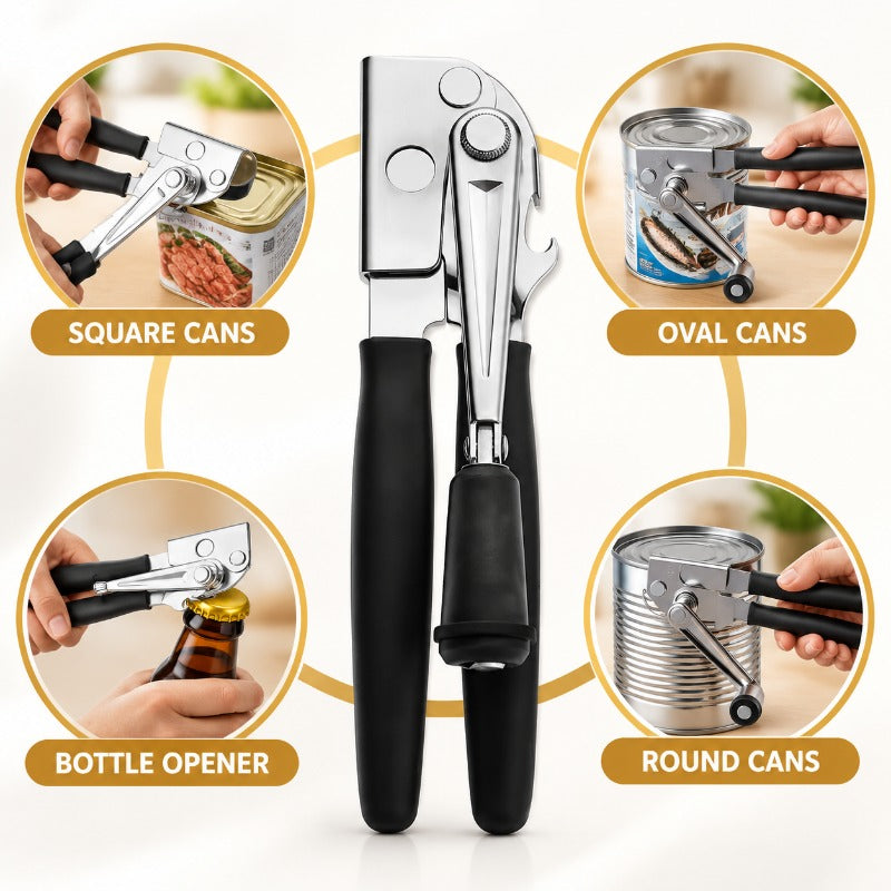 Manual can opener kitchen accessory with comfortable grip handle