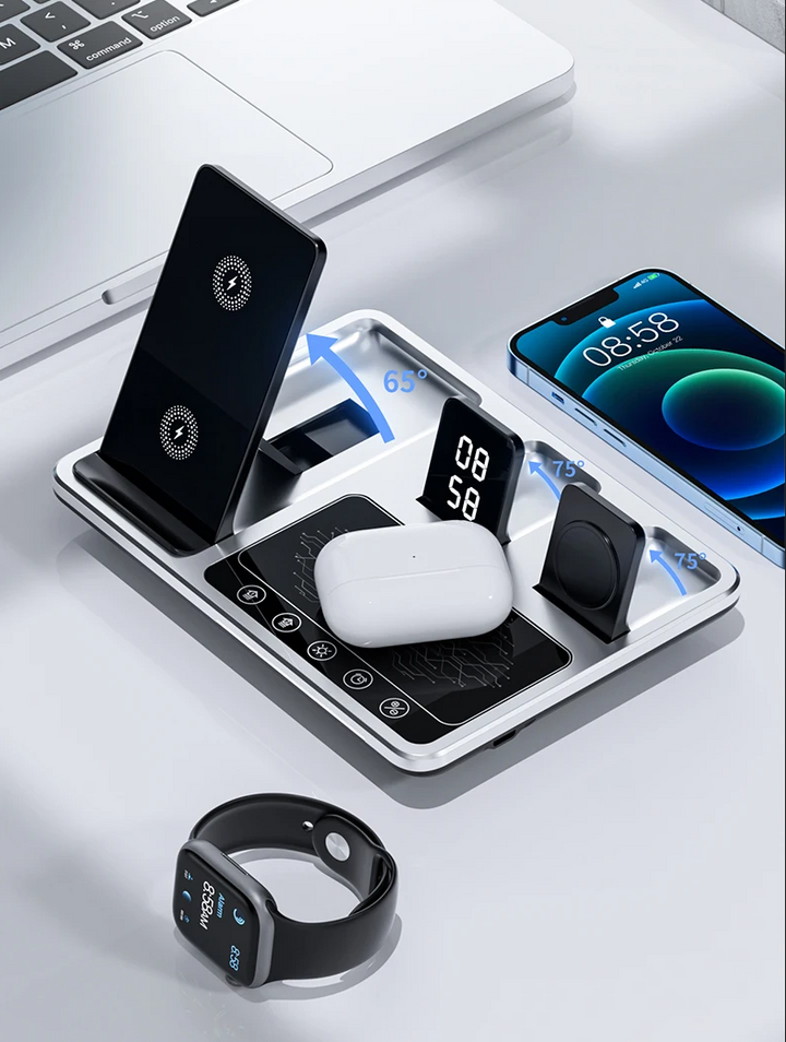 Sleek wireless charger and tech organizer decluttering a modern office workspace setup