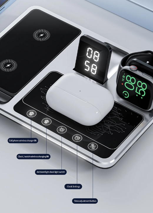Close-up of the 4-in-1 charger surface showing smartphone charging alignment and LED indicator