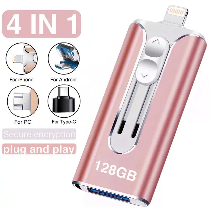 Pink 4-in-1 USB flash drive showing 128GB capacity and connection ports