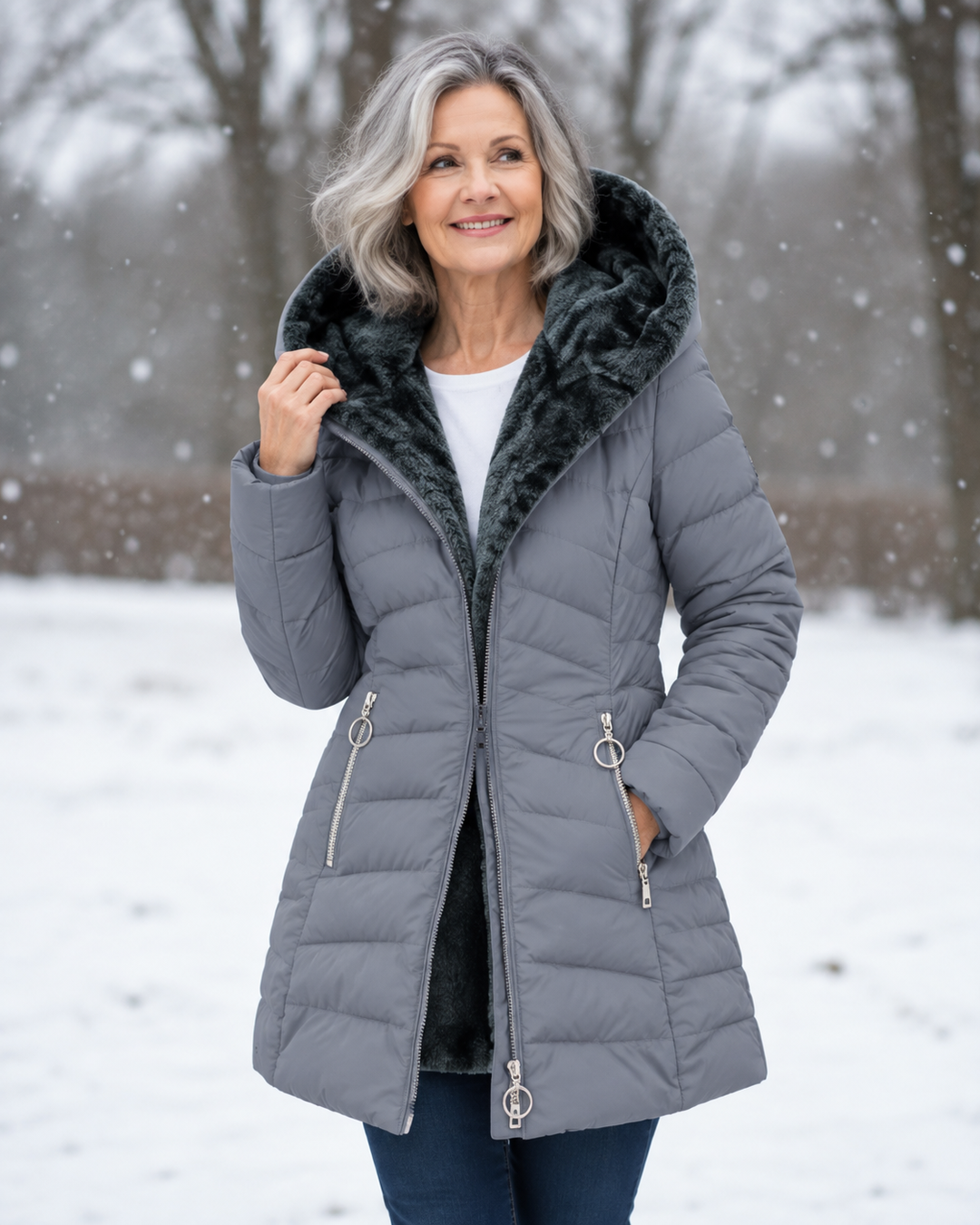 Interior lining and quality stitching details of the womens winter jacket