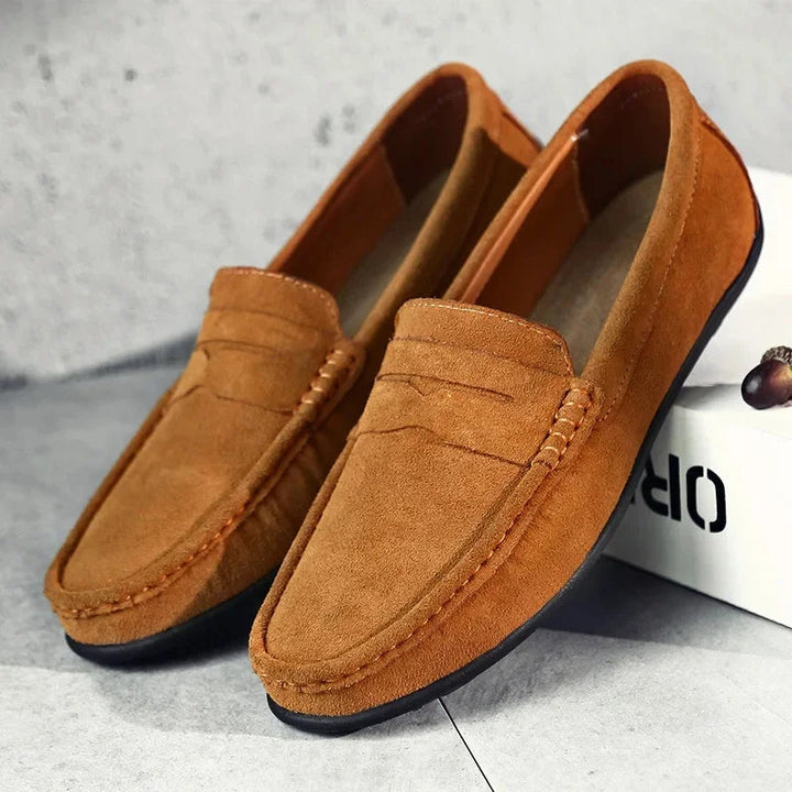 Brown men's slip-on casual loafers showcasing texture and design
