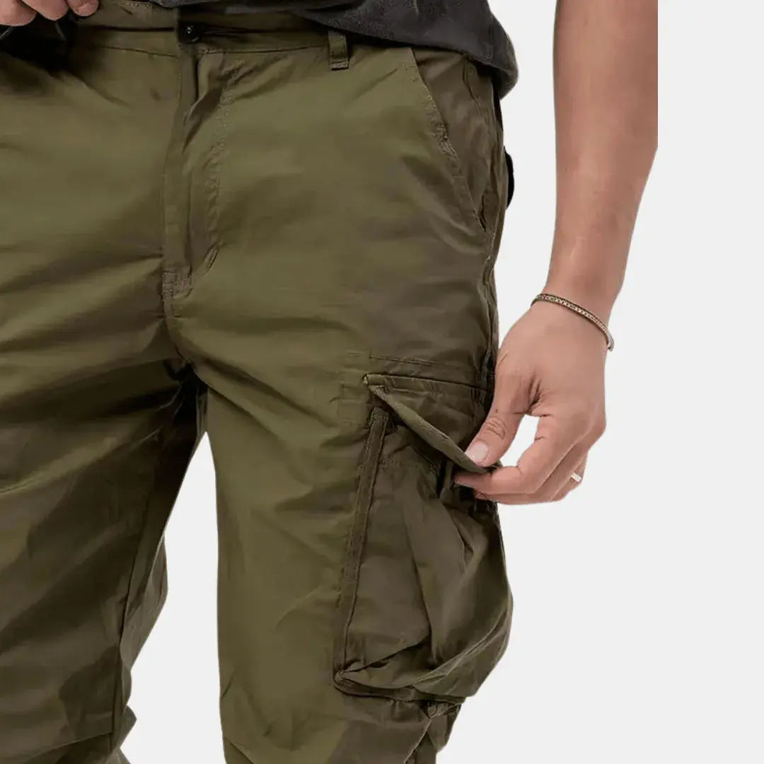 Back view of tapered cargo pants showing structured fit and rear pockets