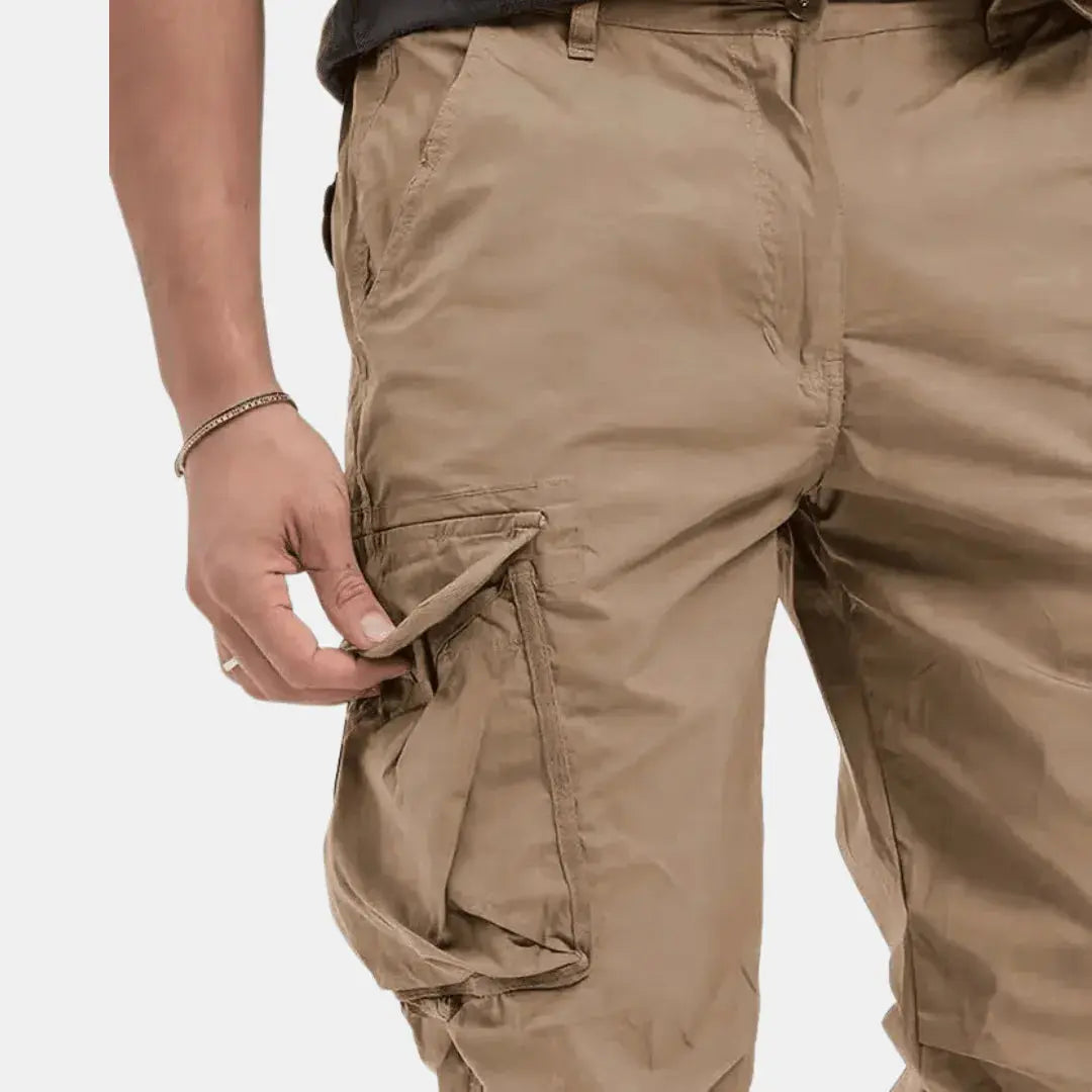 Soft cotton blend fabric texture of mens utility pants in casual style