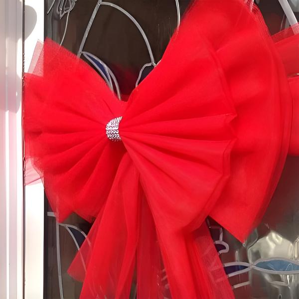 Detailed shot of the textured red fabric and crystal-style center accent