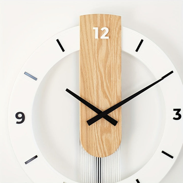 Angle view of the silent pendulum wall clock highlighting quality wood and acrylic materials