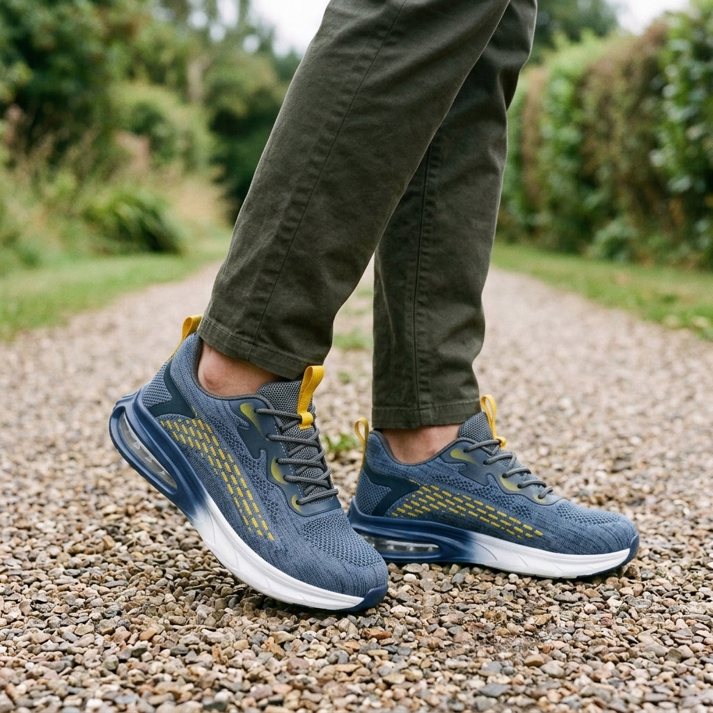 Men wearing blue knit orthopedic walking shoes with air-pod soles outdoors on a gravel path.