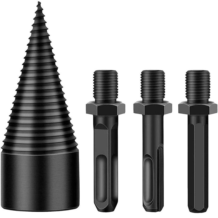 Heavy-duty steel firewood drill bit set and log splitting tool for power drills