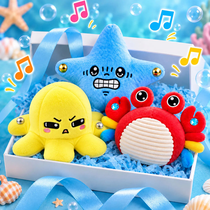 Assorted interactive musical plush sensory toys displayed in a gift box with musical note illustrations.