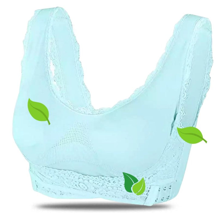 Blue women's wireless lace comfort bra front view