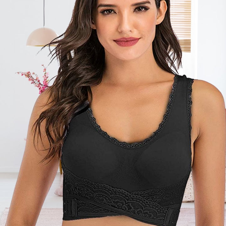 Full view of women's wireless lace comfort bra on neutral background