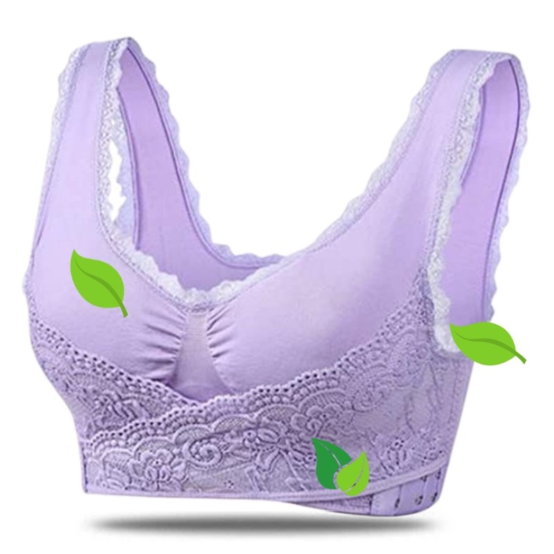 Women's wireless lace comfort bra showing detailed floral lace strap design
