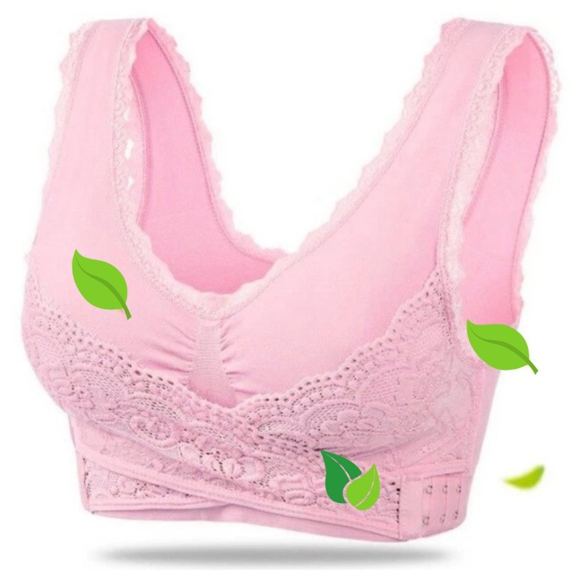 Soft wireless lace bra back view showing adjustable hook and eye closure