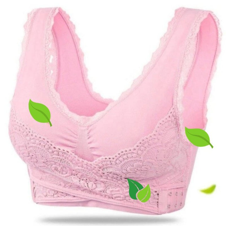 Soft wireless lace bra back view showing adjustable hook and eye closure