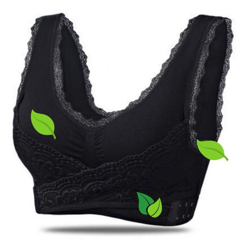Black women's wireless lace comfort bra front view
