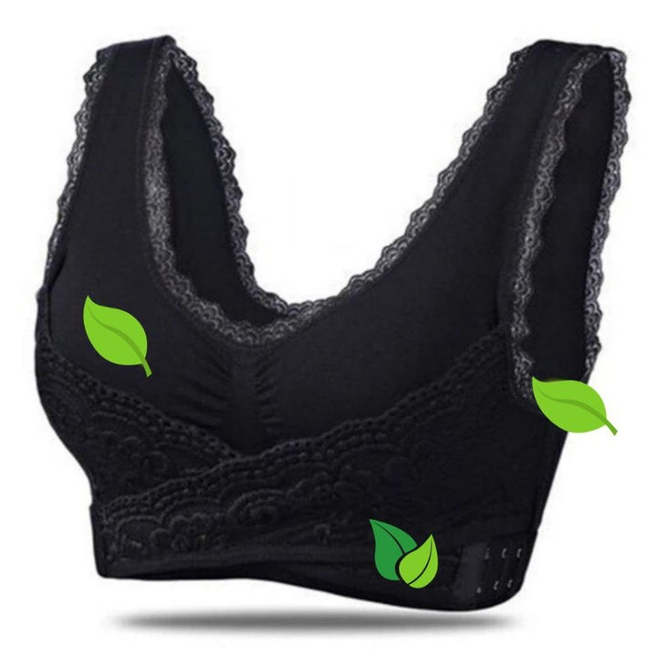Black women's wireless lace comfort bra front view