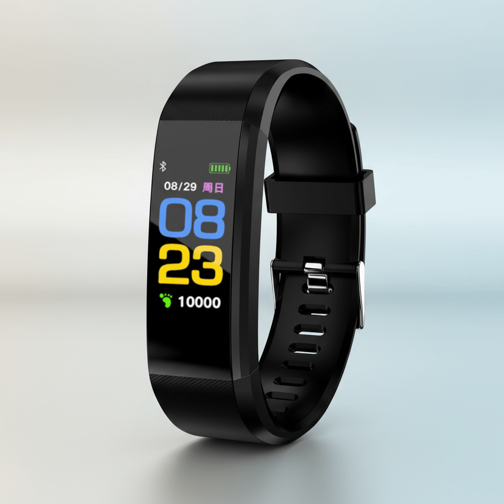 Black fitness tracker smartwatch displaying time and battery status