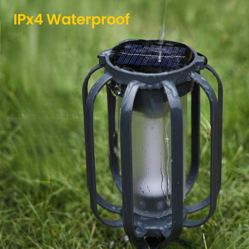 Hanging outdoor solar lantern lighting up a patio deck at night