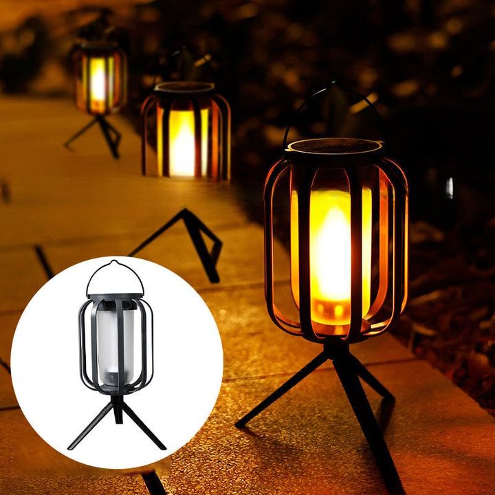 Decorative patio decor solar lantern casting warm light on pathway
