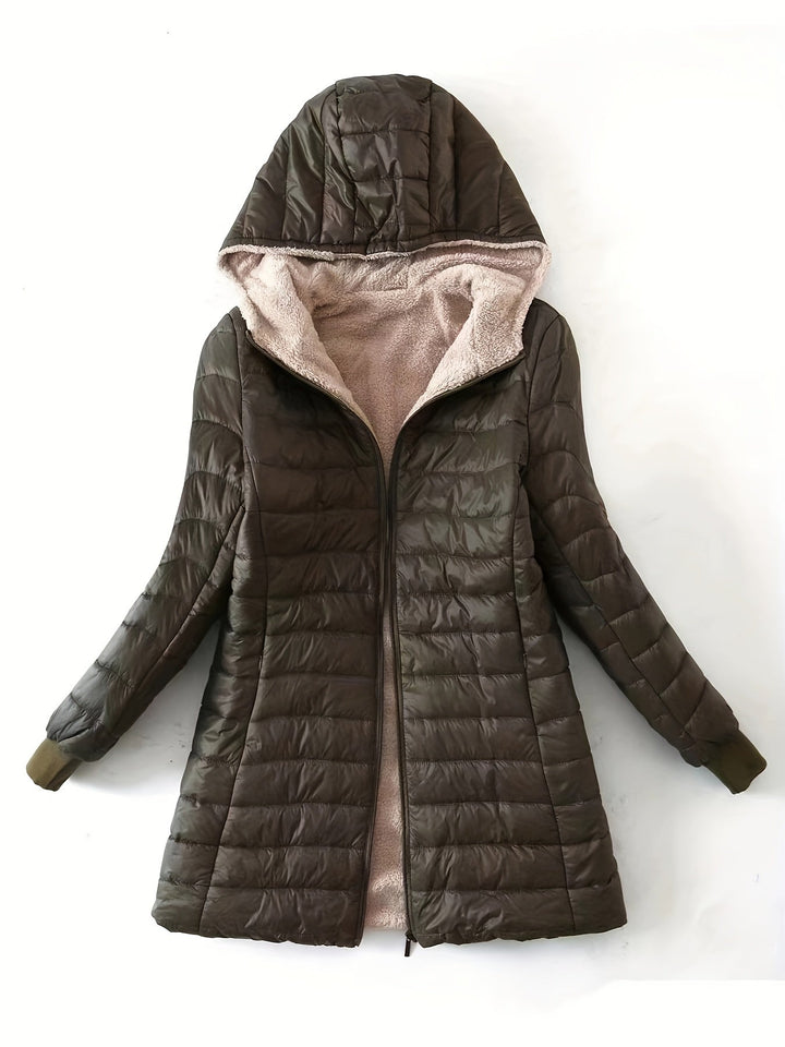 Side view of women's fleece-lined hooded winter jacket showing casual fit