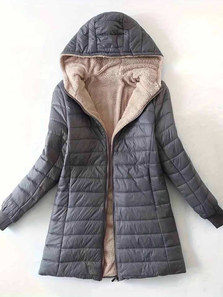 Dark grey fleece-lined hooded winter jacket laid flat showing front zip and plush interior