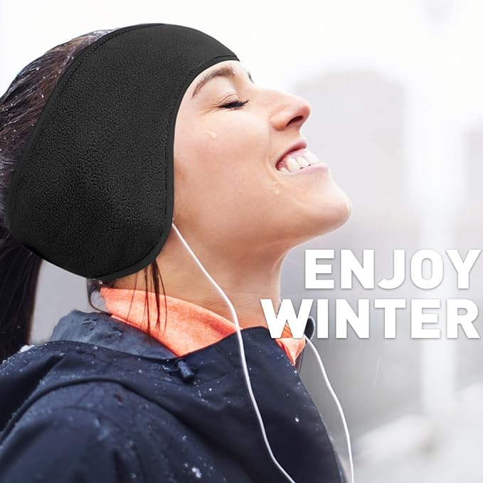 Smiling woman wearing a black fleece winter ear warmer headband outdoors