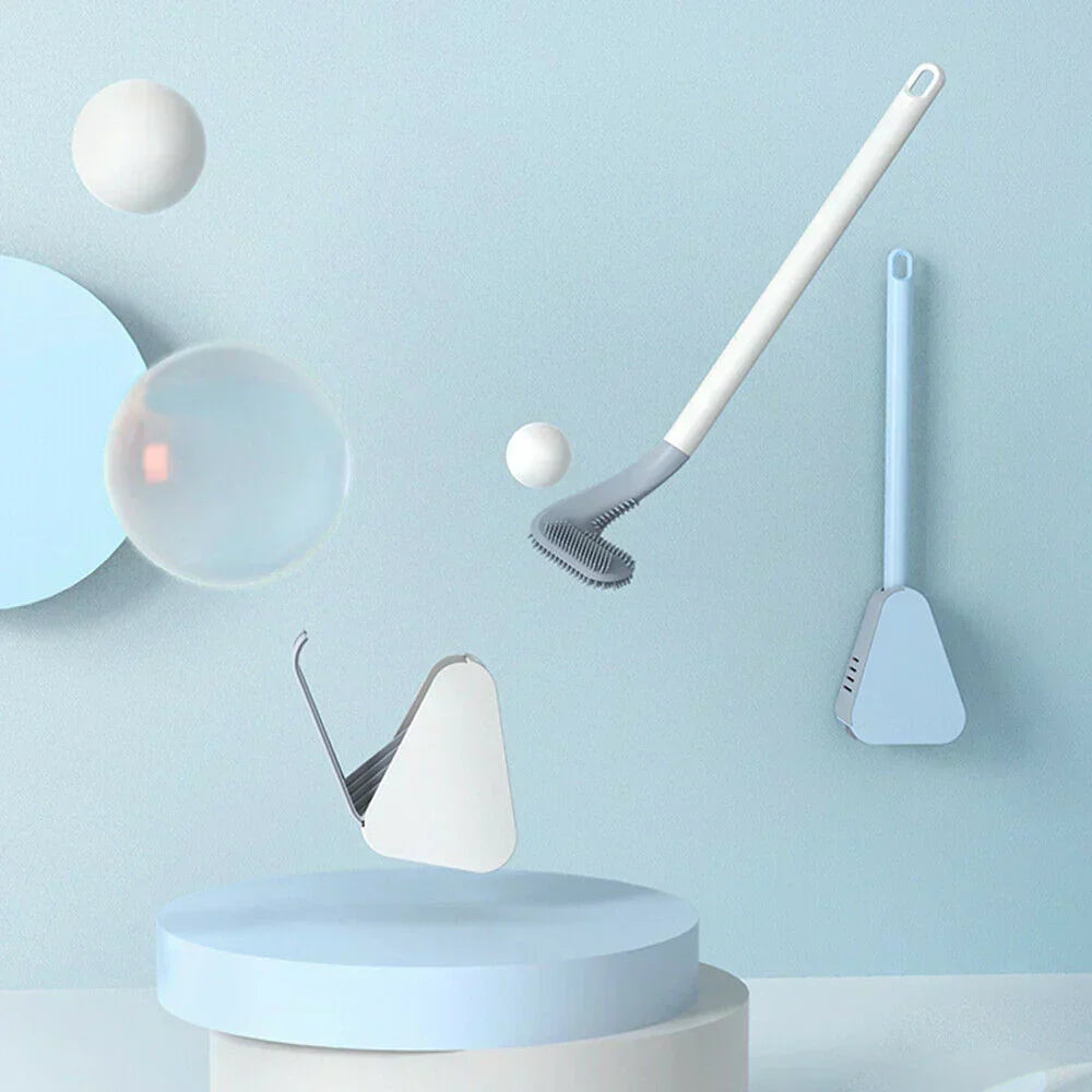 Flexible L-shaped toilet brush and holder in blue floating with bubbles