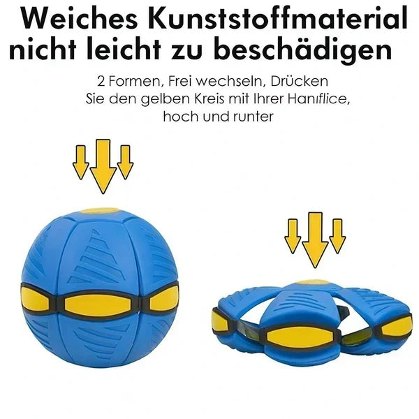 Blue transforming dog toy shown in sphere and disc forms with instruction arrows