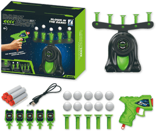 Floating target shooting game box and accessories laid out on a white background