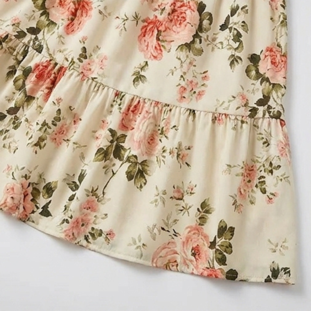 Back view of womens tiered floral print summer midi dress