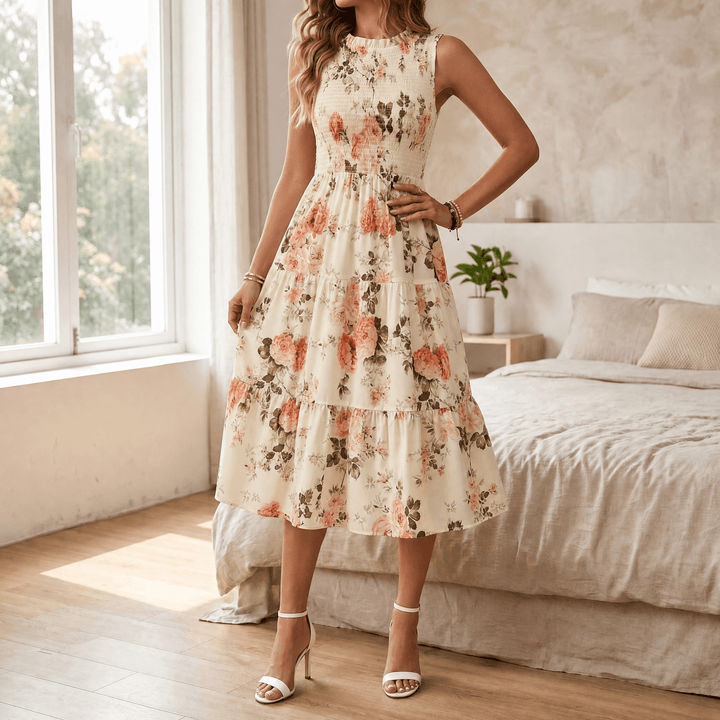 Fabric detail of lightweight floral dress for warm weather