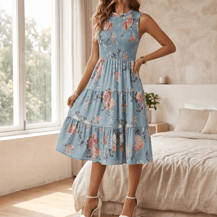 Womens sleeveless casual dress in vibrant floral pattern