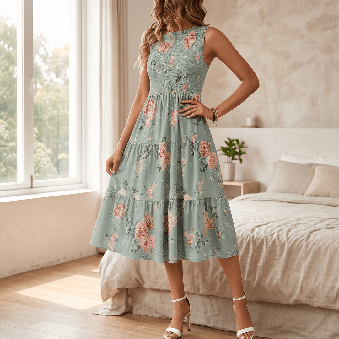 Interior label and stitching detail of summer midi dress
