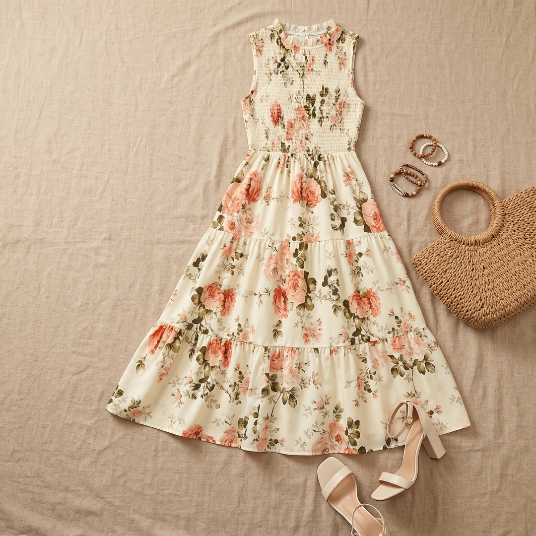 Casual summer floral dress with smocked bodice and tiered skirt