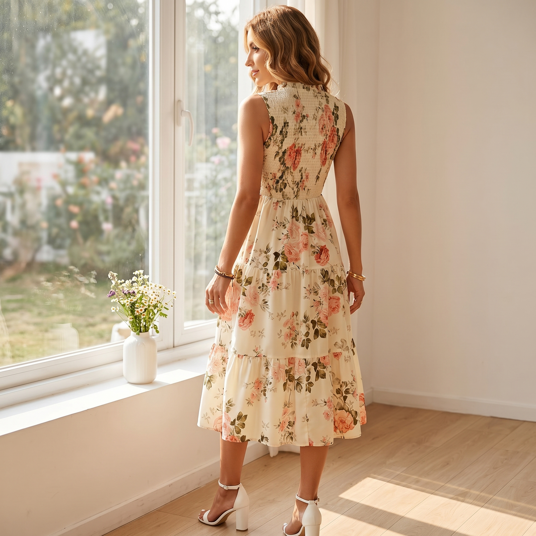 Womens fashion floral midi dress featuring square neckline