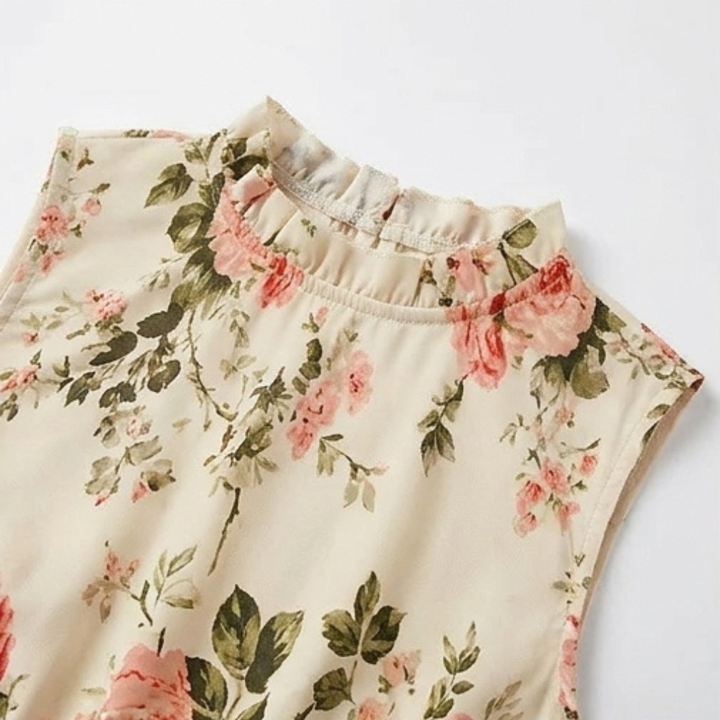 Close up of floral print pattern on summer smocked midi dress