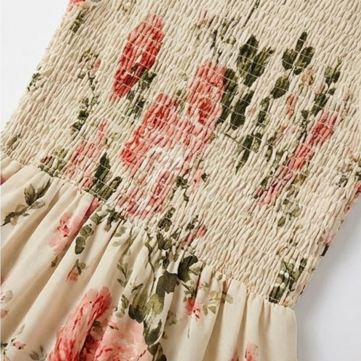 Detailed shot of elastic smocked bodice on floral midi dress
