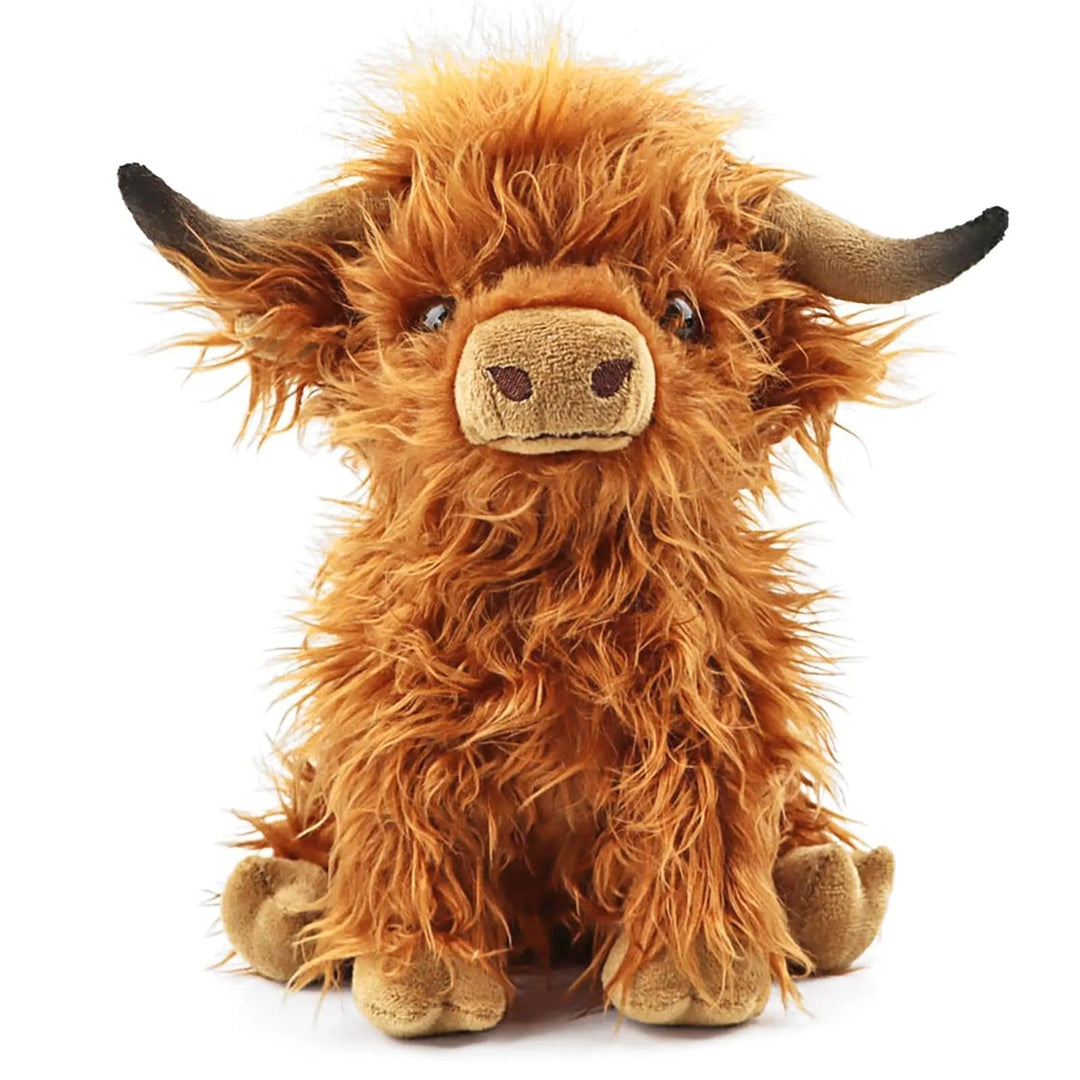 Front view of the fluffy highland cow plush toy with soft brown fur and horns
