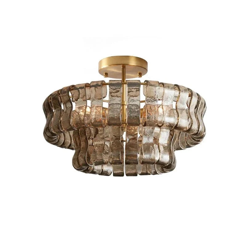 Modern flush mount ceiling light with smoke gray hand-crafted glass and gold metal frame