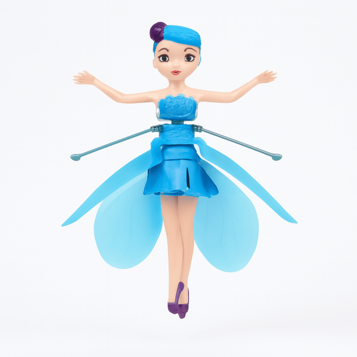 Blue flying fairy action toy showing detailed design and handheld propeller wings