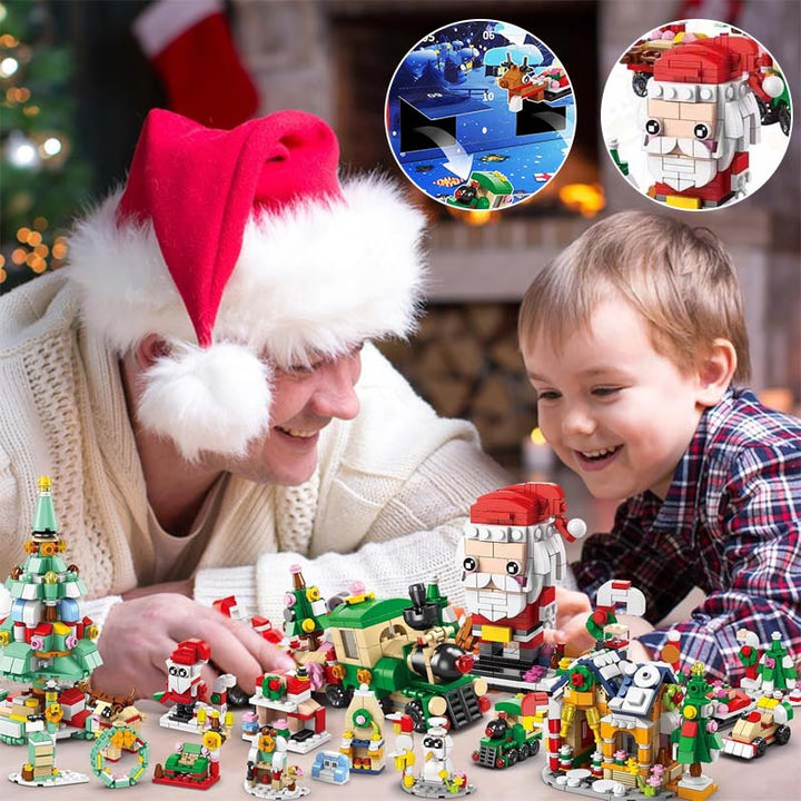 Happy child and parent assembling Christmas advent calendar toys