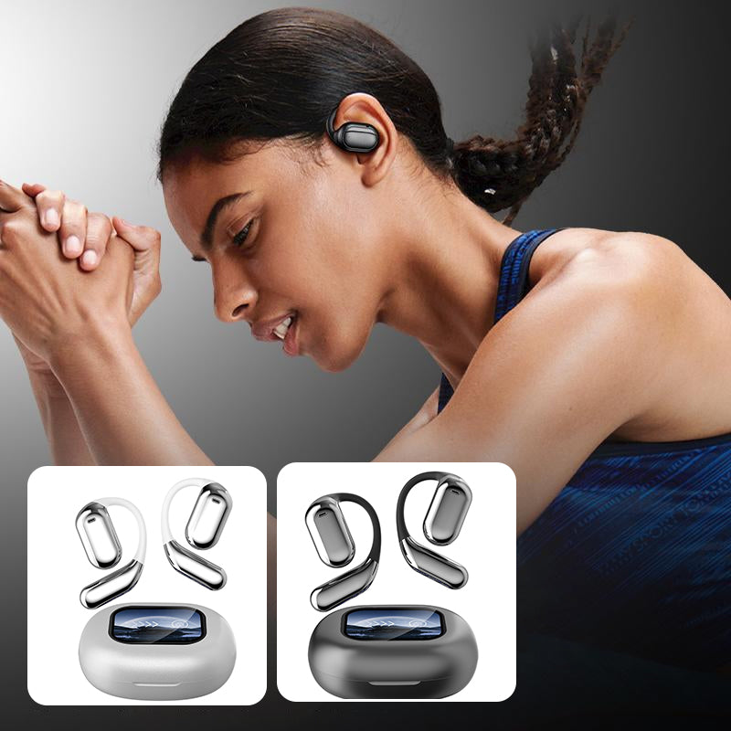 Athletic woman wearing wireless open ear bluetooth earbuds during workout